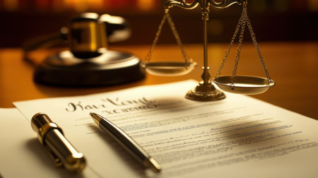 A detailed view of law essentials featuring scales of justice, a wooden gavel, and a legal document beside a fountain pen, all set in a law office atmosphere.の素材
