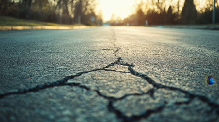 A cracked asphalt road stretches into the distance beneath a warm golden sunset, creating a serene backdrop for themes of journey and exploration in both urban and natural landscapes.の素材