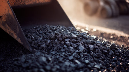 This captivating close-up captures freshly excavated black gravel being poured from a construction machine, illuminated by warm morning light, showcasing the beauty of natural materials.の素材
