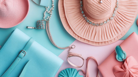 A vibrant flat lay showcasing stylish summer accessories, including hats, handbags, and necklaces on a colorful background, perfect for fashion inspiration and lifestyle branding.の素材