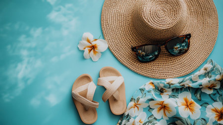 Discover the essence of summer with stylish accessories including a straw hat, sunglasses, flip-flops, and vibrant flowers, perfect for a fun beach getaway.の素材