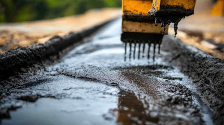 A detailed close-up image showcasing the process of asphalt being poured and spread on a road construction site, emphasizing the equipment and fresh material application.の素材
