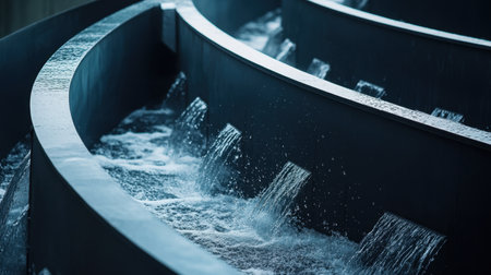 Experience the soothing beauty of a contemporary water feature with gentle streams cascading over sleek curves, creating a peaceful ambiance in an urban setting.の素材