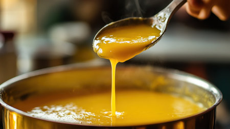 A closeup of rich yellow soup being ladled from a pot, showcasing the textures and colors in a warm kitchen atmosphere, perfect for food enthusiasts and cooking inspiration.の素材
