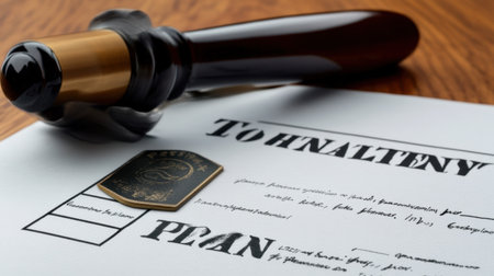 A dynamic composition of a gavel and legal documents on a wooden surface, symbolizing the essence of law, justice, and professionalism in legal practices and courtroom environments.の素材