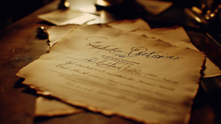 A beautifully crafted historical document showcases elegant calligraphy and warm lighting, perfect for evoking nostalgia in various creative projects, enhancing visual storytelling.の素材