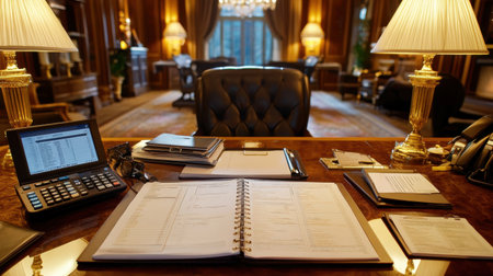 Cozy and sophisticated office scene showcasing a well-organized desk with a planner and computer, ideal for business professionals seeking inspiration and productivity.の素材