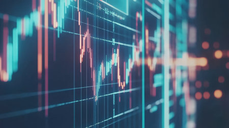 A vibrant digital representation of financial data showcasing complex graphs and candlestick patterns, illustrating market trends and trading activities in an abstract style.の素材