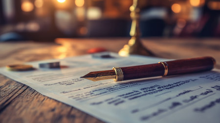 A sophisticated fountain pen is positioned on a legal document, embodying professionalism within a cozy workspace filled with warm ambient light and rustic charm.の素材