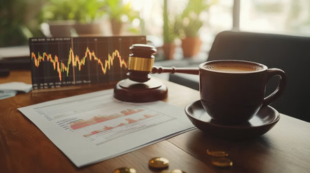 A modern office scene captures the essence of finance and law, featuring a coffee cup, gavel, financial graphics, and a report, highlighting professional productivity and decision-making.の素材