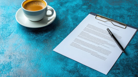 A serene composition featuring a cup of coffee next to a clipboard filled with papers on a vibrant blue background, capturing the essence of work and productivity in a serene setting.の素材