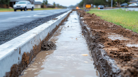 A freshly dug trench with water accumulation alongside a road, showcasing construction and drainage efforts in wet weather conditions and preparing for infrastructure improvements.の素材