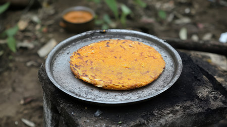 A rustic flatbread is being cooked on an open fire, showcasing a yellow texture and traditional methods in a serene rural environment, inviting a sense of warmth and authenticity.の素材