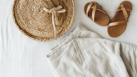 Discover a chic summer flat lay featuring linen pants and stylish brown sandals, complemented by a woven straw bag, perfect for casual outings and beach days.の素材