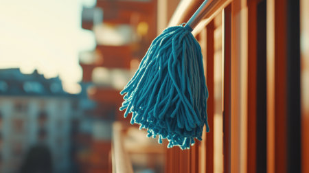 A bright blue mop dangles from a wooden railing, bathed in soft afternoon light, showcasing a serene urban environment perfect for cleaning or home improvement themes.の素材