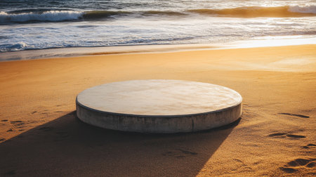 A solitary round concrete platform stands on a tranquil sandy beach, illuminated by the warm glow of the sunset, evoking feelings of peace and natural beauty.の素材