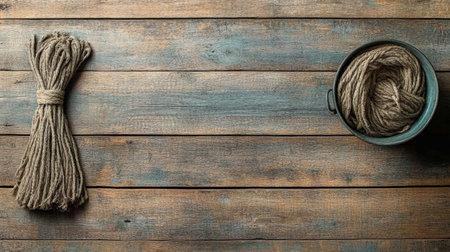 A beautiful composition showcasing bundled rope alongside coiled twine in a metal bucket against a weathered wooden backdrop, ideal for crafting and rustic decor inspiration.の素材