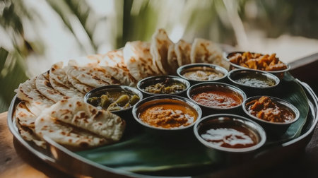 This stunning image showcases an array of traditional Indian dishes beautifully arranged on a leaf, capturing the essence of culinary art and vibrant flavors.の素材