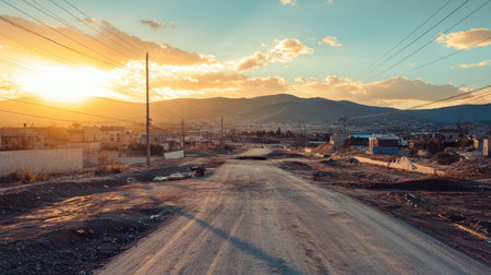 A breathtaking sunset scene showcasing a tranquil dirt road leading towards majestic mountains. The sky is ablaze with warm colors, creating an inviting atmosphere.の素材