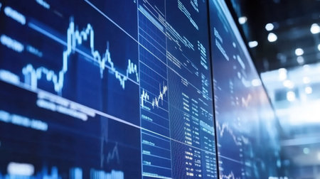 Visual representation of financial data on digital screens highlights stock market trends and analytical insights, ideal for investors and tech-savvy professionals monitoring market dynamics.の素材
