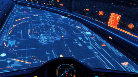 Modern and futuristic control panel featuring intricate navigation designs, neon graphics, and holographic elements, ideal for sci-fi themes and space visualization projects.の素材