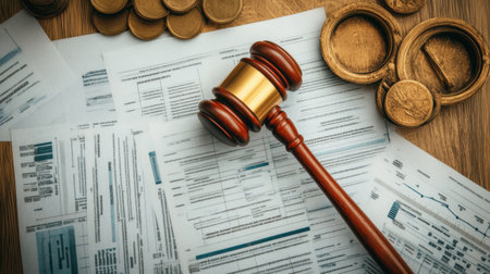 A gavel rests on a pile of legal documents surrounded by coins, emphasizing themes of justice, law, and the significance of financial matters in legal contexts.の素材
