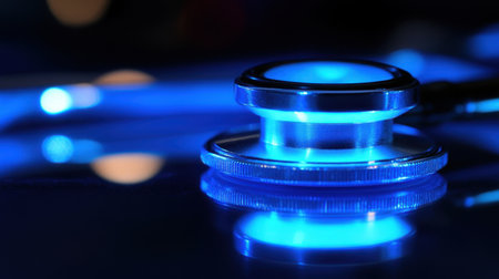 A captivating close-up image of a stethoscope illuminated in blue, reflecting on a smooth surface to emphasize its role in healthcare and diagnostics, ideal for medical projects.の素材