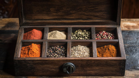 Explore a visually appealing wooden spice box filled with vibrant spices and herbs, ideal for food photography, cooking inspiration, and culinary arts representation.の素材