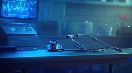 A detailed medical workspace featuring a stethoscope resting on a table, with a computer displaying health data, creating an immersive atmosphere in a healthcare setting.の素材
