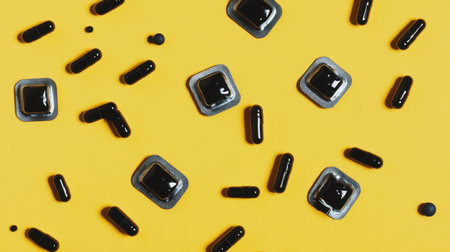 An array of black capsules and pills on a vibrant yellow background, showcasing a modern health perspective and ideal for wellness themes in design projects or advertising needs.の素材