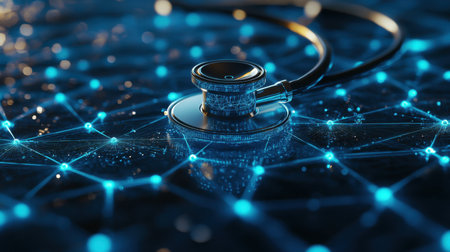 A striking visual representation of healthcare technology, featuring a stethoscope surrounded by a digital network, symbolizing innovation and data in modern medical practices.の素材