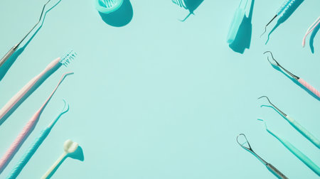 A visually pleasing arrangement of dental tools and equipment on a soft blue background, suitable for use in healthcare marketing, dental practices, and hygiene education materials.の素材