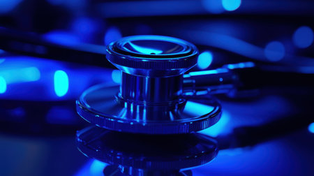 This image features a close-up of a silver stethoscope set against a serene blue background, highlighting its importance in healthcare and medical assessments with striking soft lighting.の素材