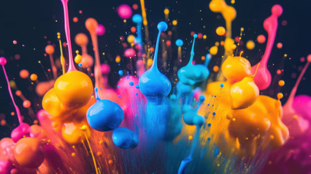 This stunning image showcases a vibrant explosion of colorful paint droplets, symbolizing creativity and artistic expression in a dynamic and abstract composition.の素材
