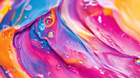 A mesmerizing close-up of swirling abstract paint in vibrant colors, featuring a rich interplay of pink, blue, and orange hues. Perfect for creative projects.の素材