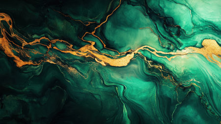 This stunning abstract art piece features rich green hues interwoven with shimmering gold swirls, creating a captivating visual experience perfect for modern decor or creative projects.の素材