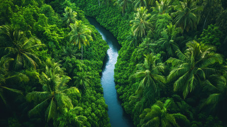 Breathtaking aerial perspective showcasing a winding river enveloped by vibrant green palm trees, illustrating the beauty of untouched tropical landscapes and serene nature.の素材