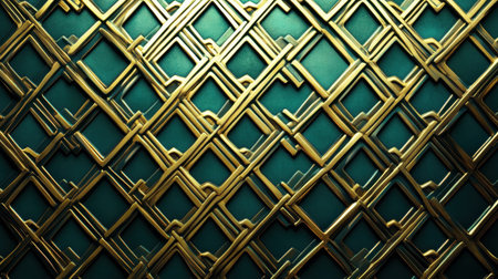 This captivating geometric pattern features interwoven golden lines on a deep teal background, creating a striking visual ideal for various artistic and decorative uses.の素材