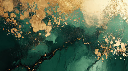 This stunning abstract artwork showcases a blend of emerald green and gold textures, creating a visually striking and elegant backdrop suitable for various artistic applications.の素材