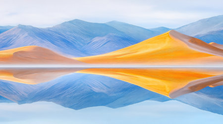 A stunning view showcasing golden sand dunes reflecting in calm water, surrounded by a vast mountain range and a gentle blue sky, creating a peaceful and serene desert atmosphere.の素材