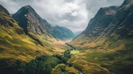 Experience the breathtaking beauty of a Scottish highland landscape, where rolling hills meet majestic mountains under a captivating cloudy sky.の素材