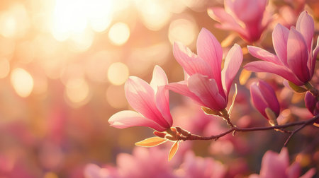 A beautiful capture of pink magnolia flowers illuminated by soft golden light, evoking a serene and dreamy feeling in a vibrant spring garden atmosphere.の素材