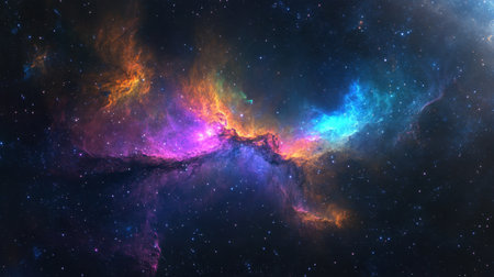 A breathtaking view of a colorful nebula in deep space, featuring vibrant hues and twinkling stars, illustrating the beauty and mystery of the universe beyond our planet.の素材