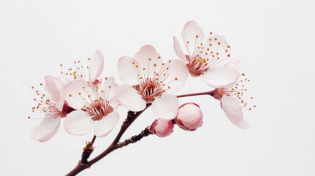 This image showcases a beautiful cherry blossom branch with soft pink petals and budding green leaves, symbolizing the tranquility and beauty of springtime.の素材