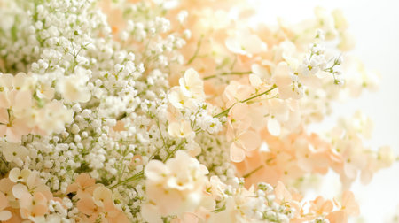This image showcases a beautiful floral arrangement featuring soft peach and white flowers, perfect for creating a serene and elegant atmosphere in any romantic setting.の素材