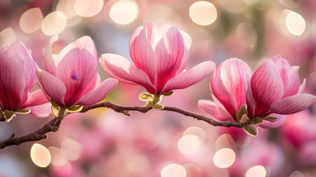 Beautiful pink magnolia flowers bloom on a delicate branch, set against a soft bokeh background, capturing the essence of spring and natural beauty in full detail.の素材