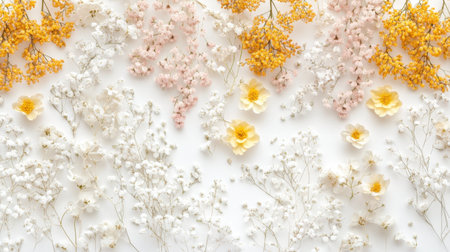 A stunning composition of various dried flowers in soft pastel hues, perfect for artistic projects, background designs, or nature-inspired dの素材