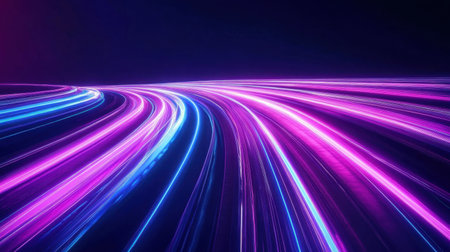 Discover an abstract image featuring vibrant light trails in pink and blue hues, conveying a sense of speed and energy against a dark background, ideal for creative projects.の素材