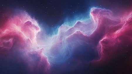 A breathtaking view of cosmic clouds illuminated in pink and blue tones, capturing the wonder of the universe and the mysteries within deep space.の素材