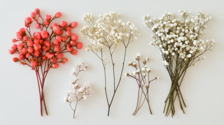 A beautiful collection of dried flowers in vibrant red, soft pink, and pure white, perfect for crafting and decorative purposes, adding a touch of nature to any creative project.の素材